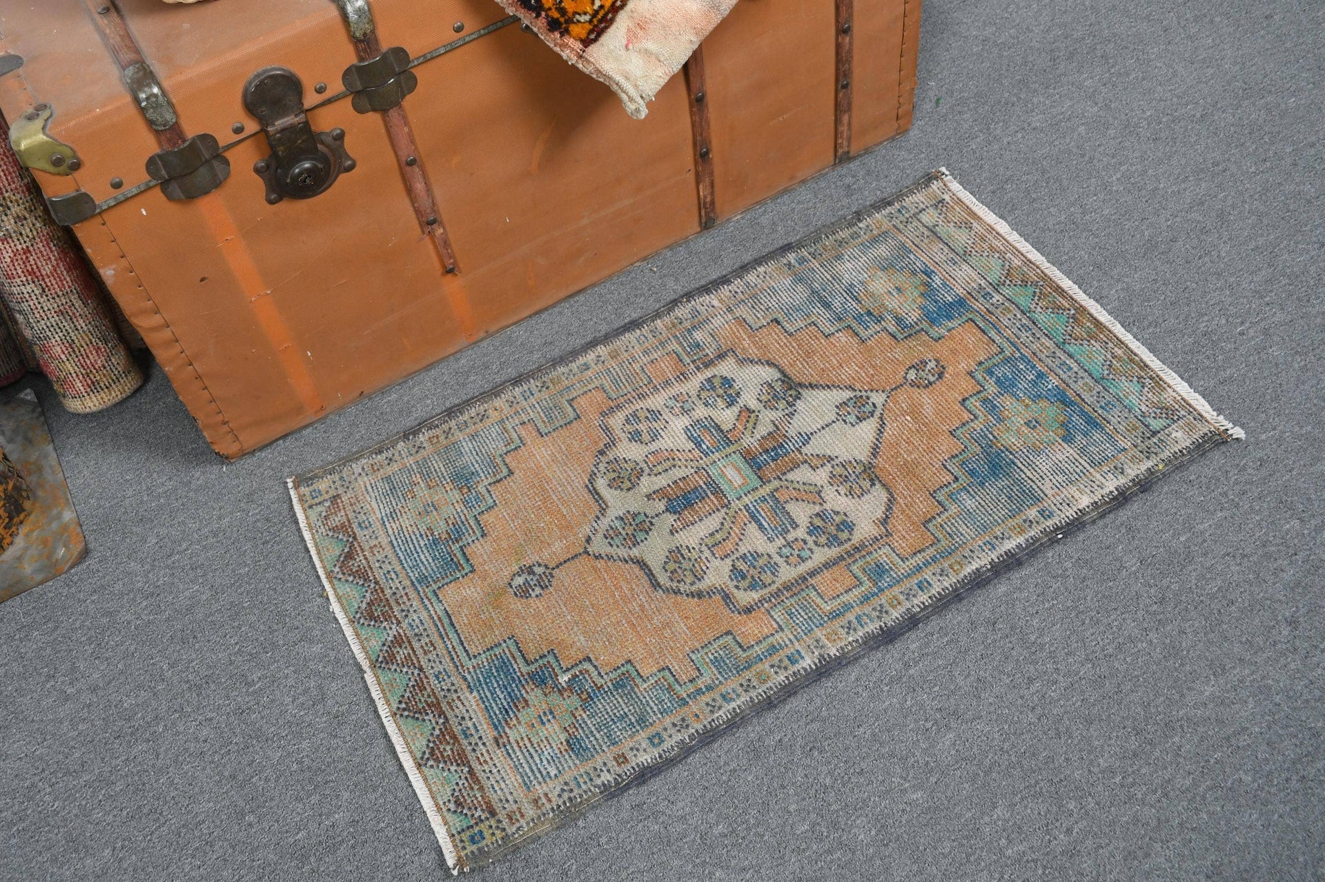 Vintage Turkish Geometric Mini Rug Warm Terracotta & Blue