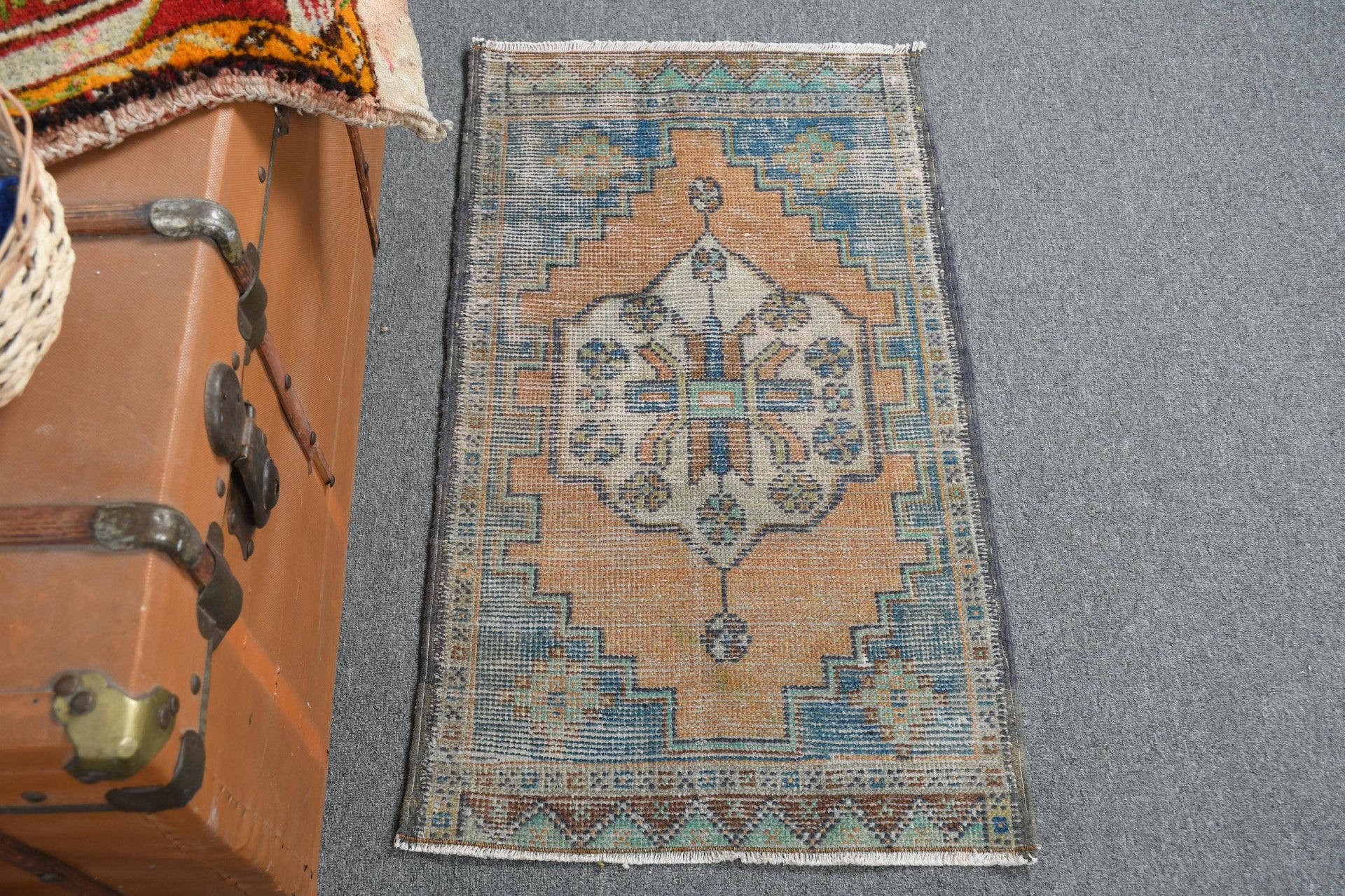 Vintage Turkish Geometric Mini Rug Warm Terracotta & Blue