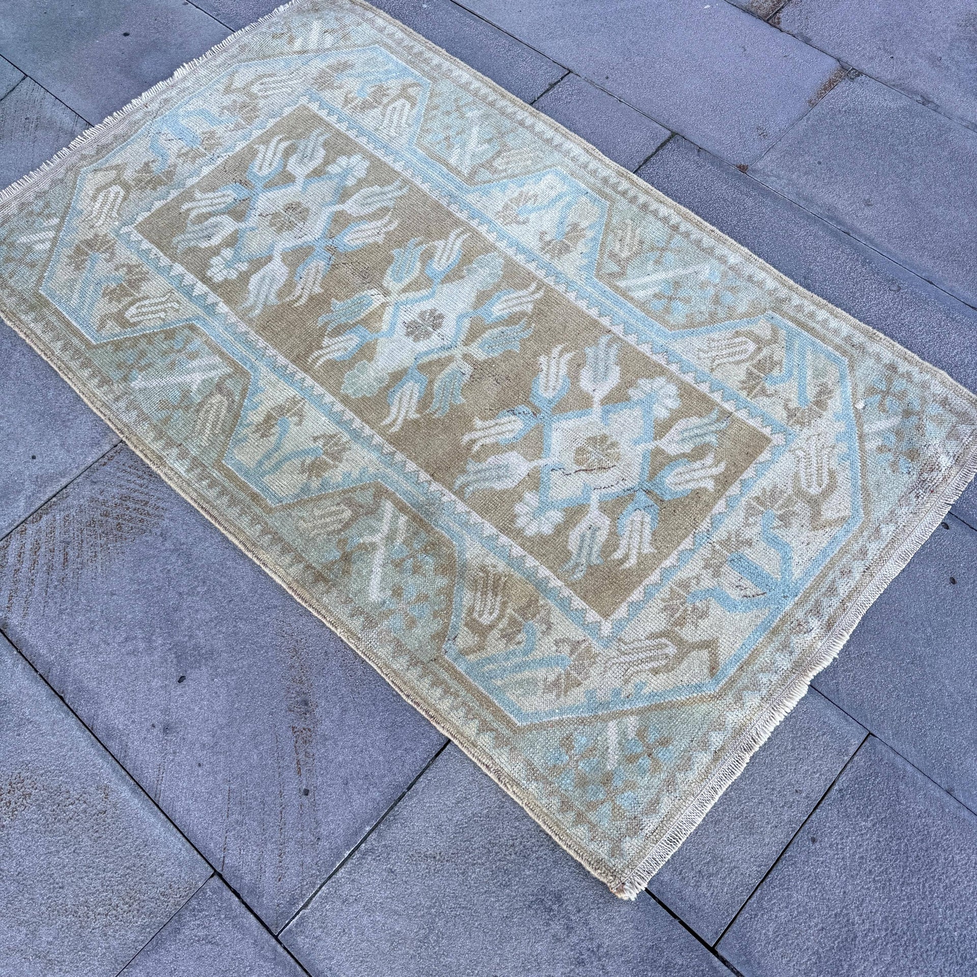 Vintage Turkish Distressed Rug - Pale Blue & Neutral