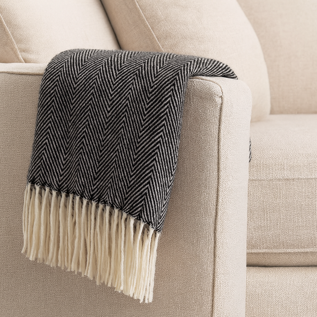 Black Herringbone Fringed Throw