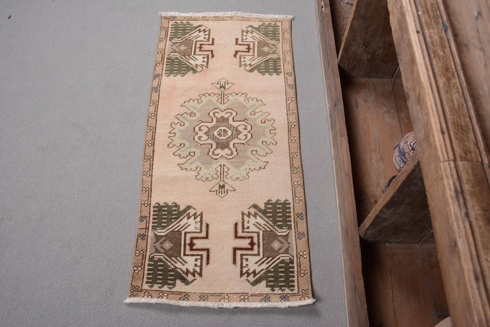 Vintage Turkish Mini Beige & Green Traditional Pattern
