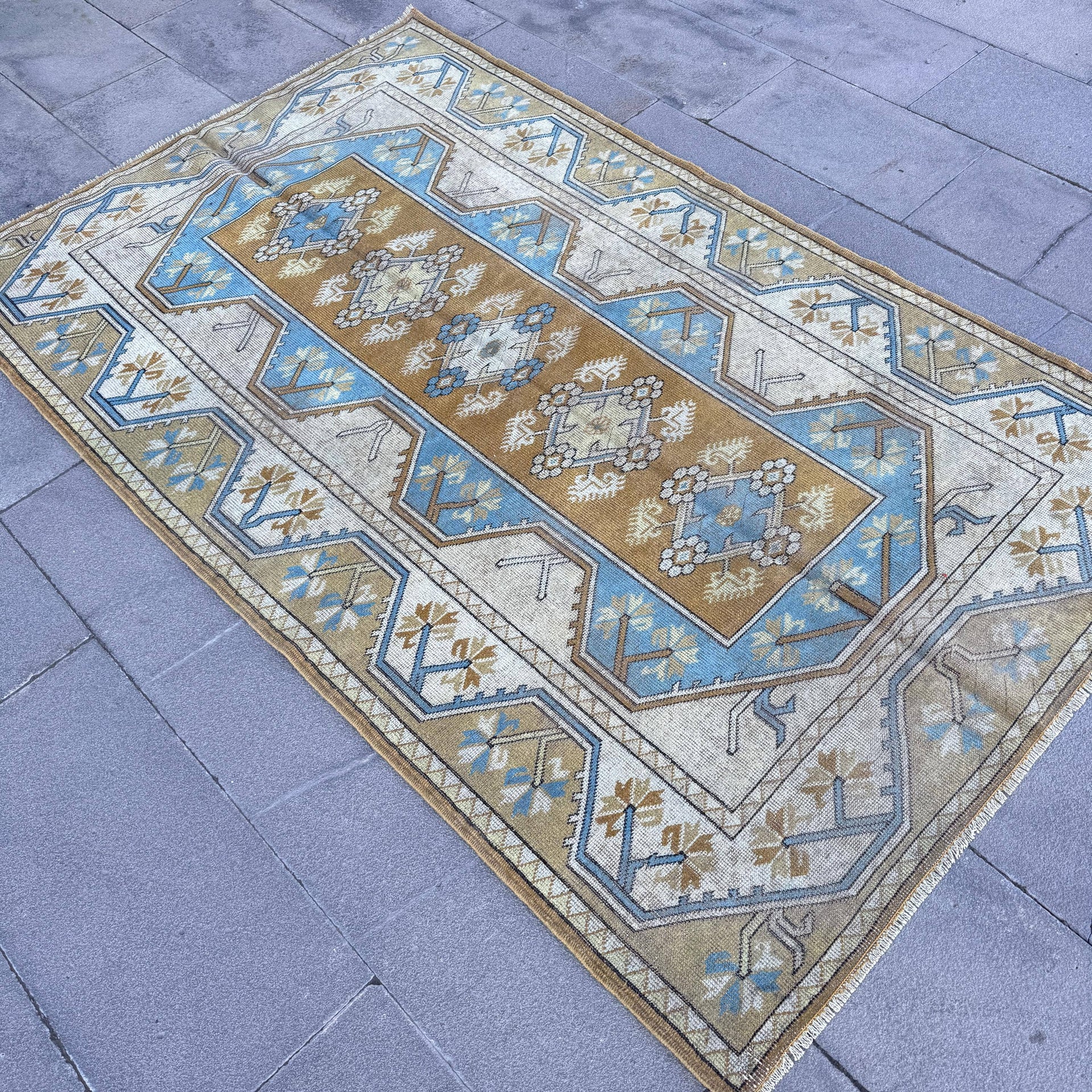 Vintage Turkish Anatolian Rug Blue & Taupe Geometric