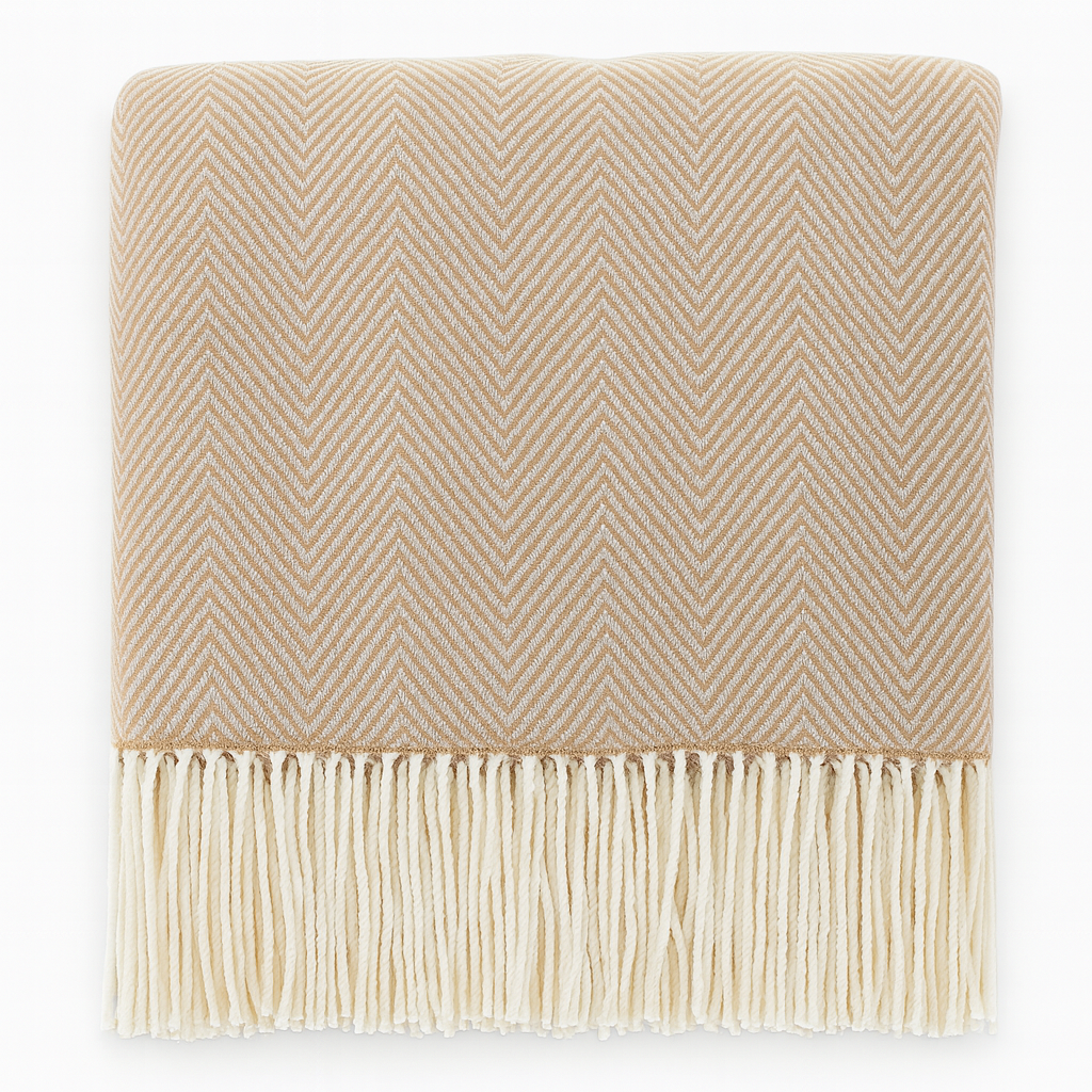 Camel Herringbone Fringed Throw