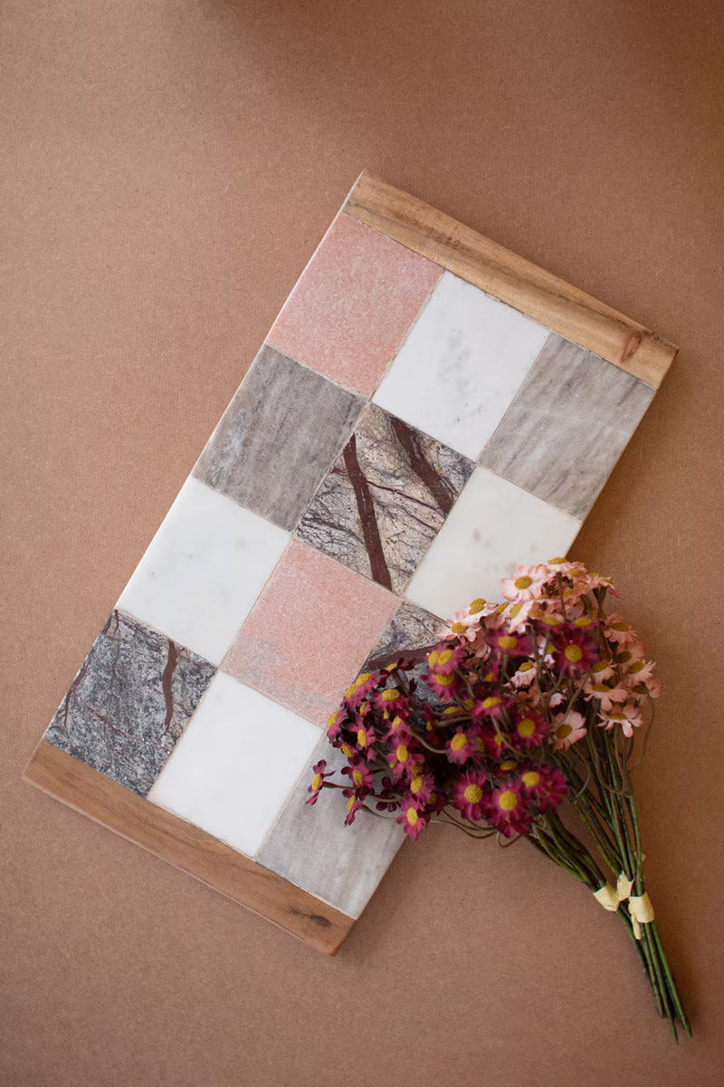 Rectangle Marble and Wood Checkered Serving Board