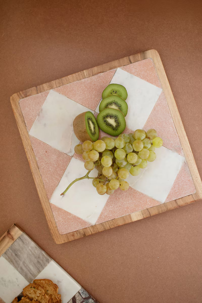 Marble and Wood Checkered Serving Board Soft Pink