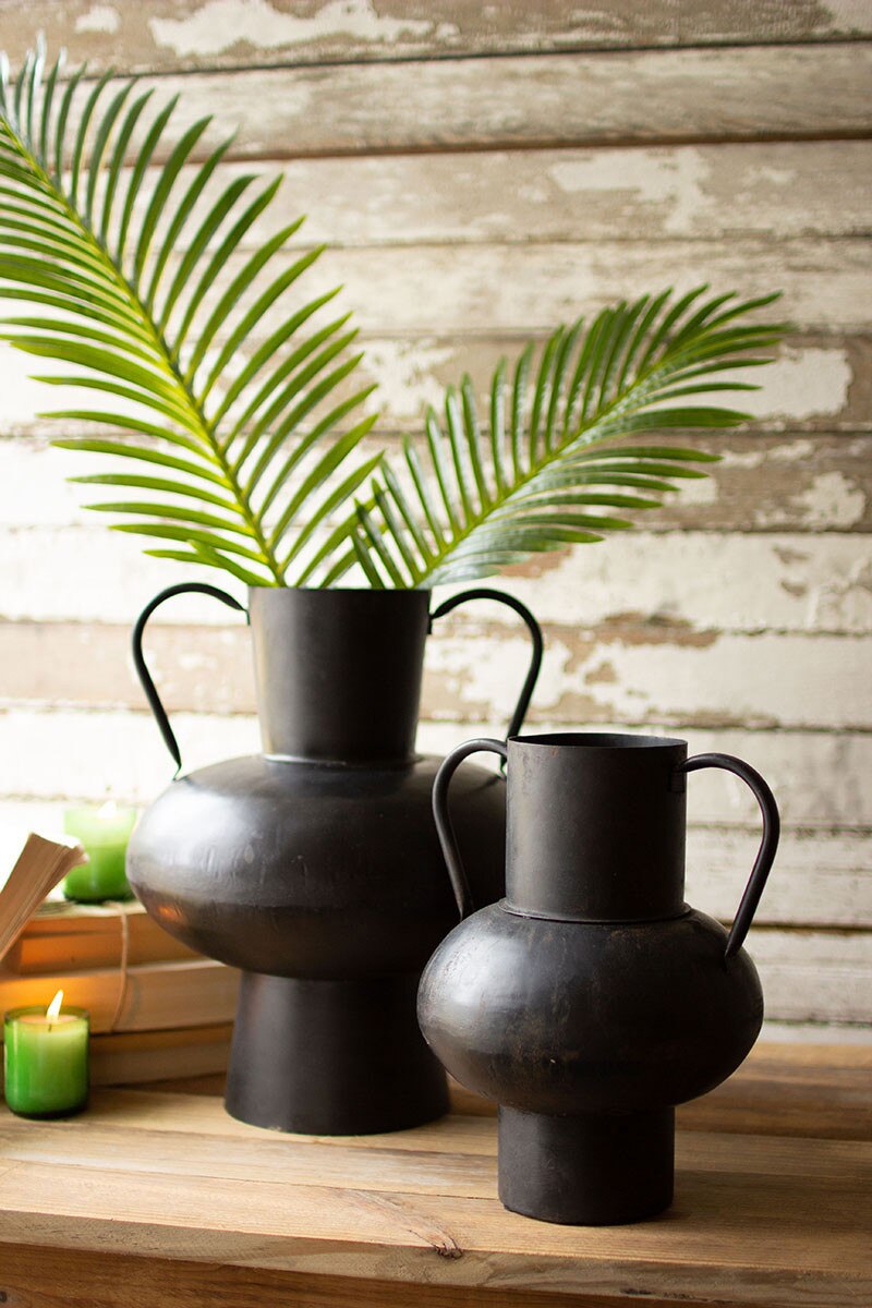 Waxed Black Metal Urn with Handles