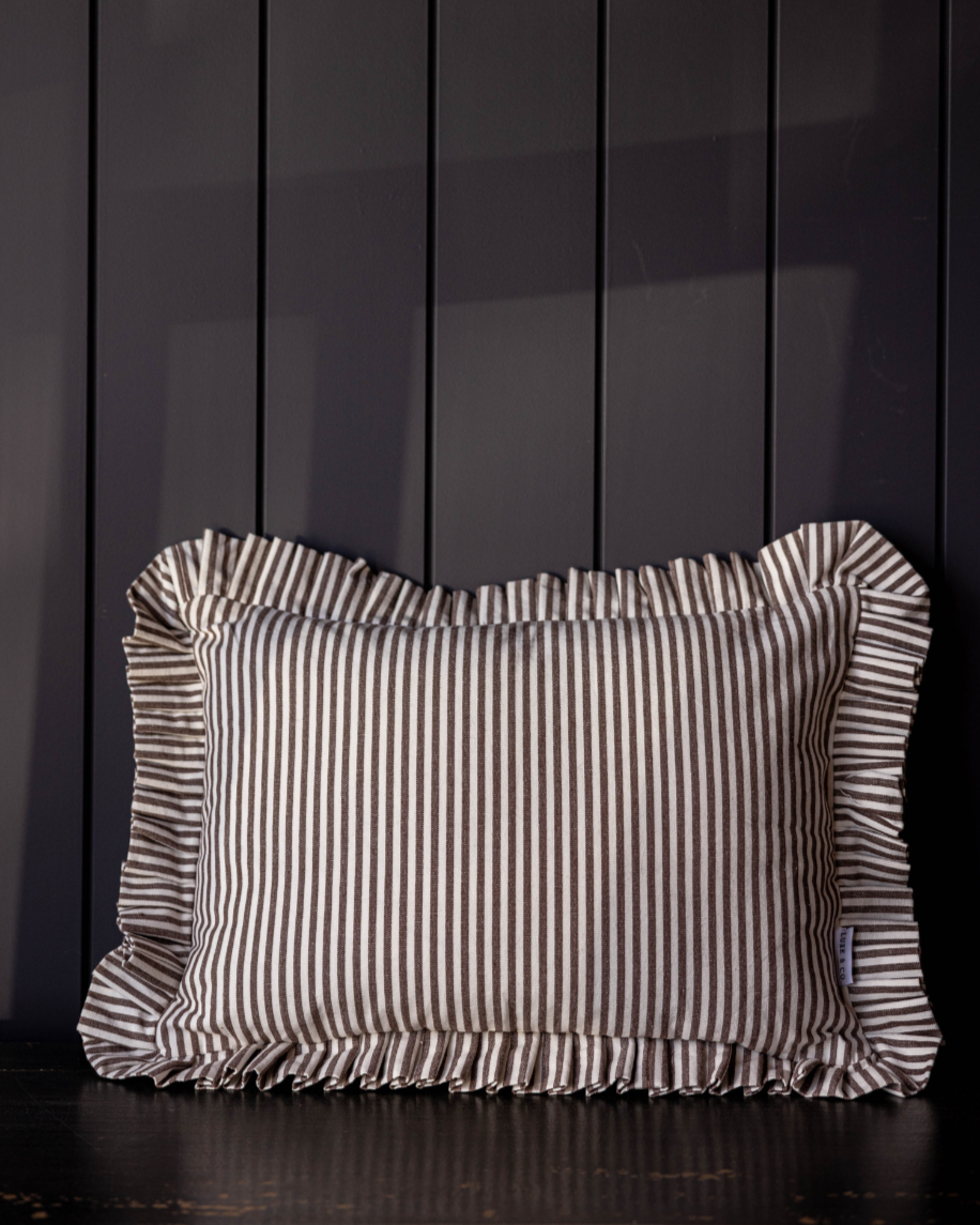 Ruffle Lumbar Pillow in Brown White Stripes