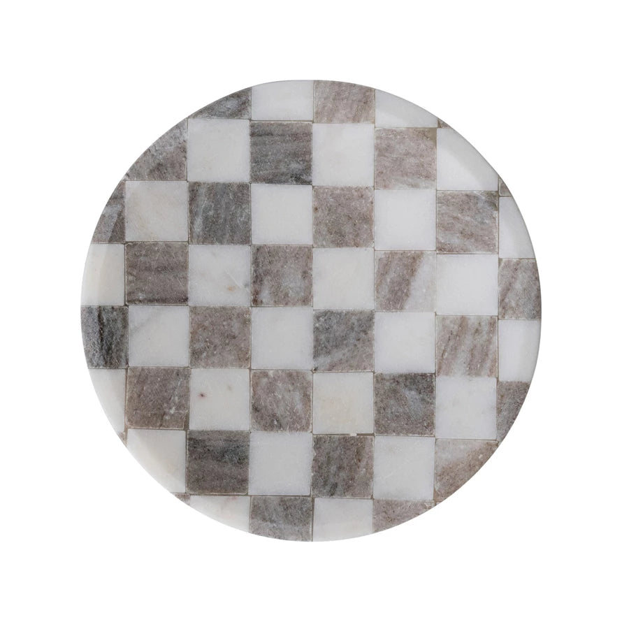 Round Checkered Marble Serving Tray