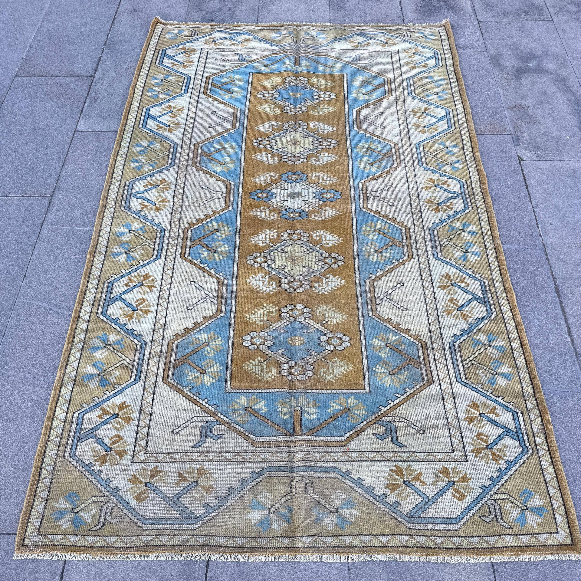 Vintage Turkish Anatolian Rug Blue & Taupe Geometric