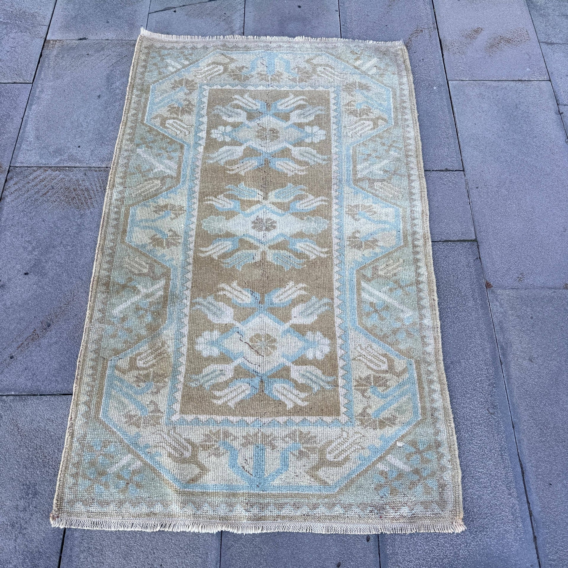 Vintage Turkish Distressed Rug - Pale Blue & Neutral