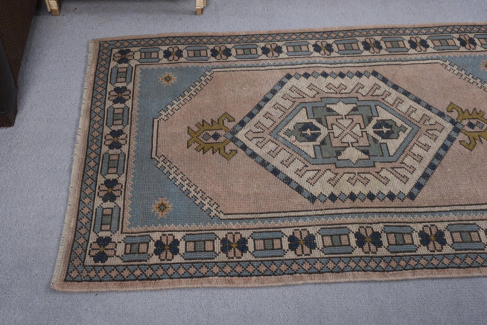 Vintage Turkish Rug - Soft Pink & Blue Geometric