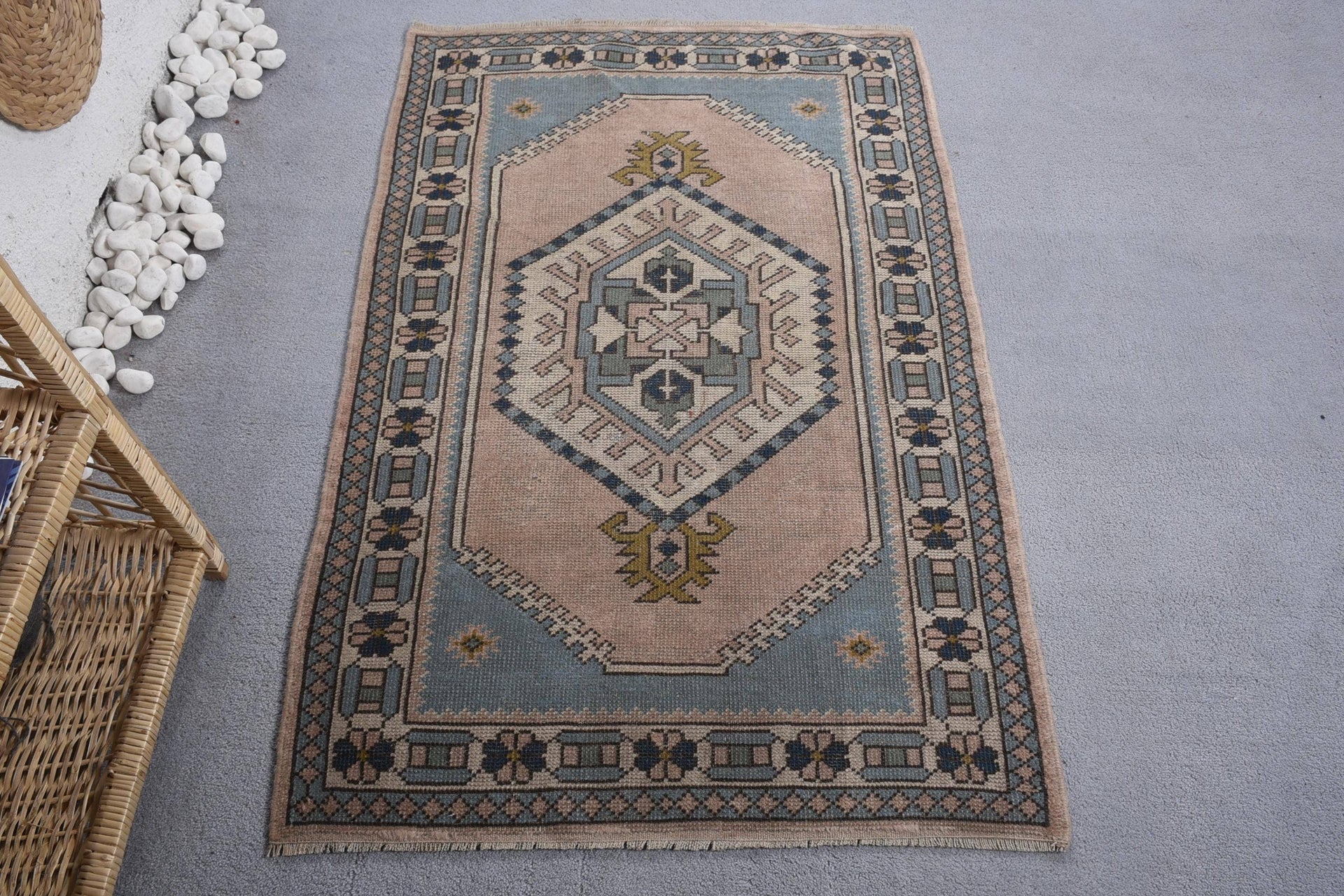 Vintage Turkish Rug - Soft Pink & Blue Geometric